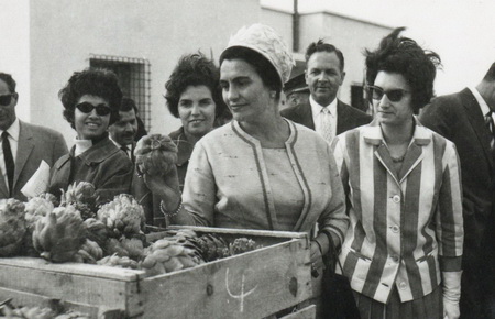 Jovanka Broz and Borislava Lalović with delegation visiting the agricultural center in the Medjerde valley (News agency TANJUG, Archives of Yugoslavia)